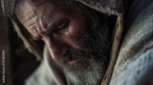 Closeup portrait of a biblical character, sad, looking down. The story of Job in the bible, or one of the Apostles., Peter, Pavel, Judas, John, or other. Old or new testament character.  photo