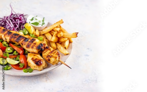 Yummy Turkish chicken kebab prepared and servend on the white plate with lovely homegrown vegetables and salty french fries