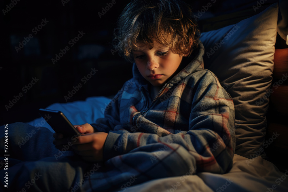 child boy using smartphone at night in bed child boy using smartphone at night in bed