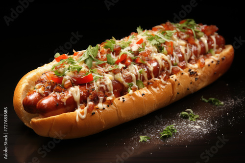 Fresh hot dog with sauces on the table