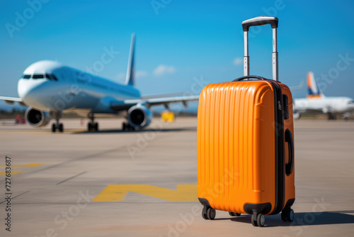 Orange suitcase at airport with airplane in background