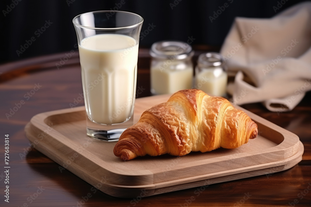 Croissant and glass of milk on the kitchen table Croissant and glass of milk on the kitchen table