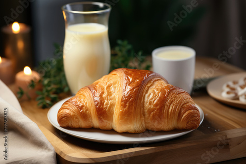 Croissant and glass of milk on the kitchen table