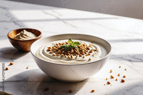 Creamy Yogurt-Tahini Dip in a Stylish White Bowl on Elegant White Marble - Gourmet Culinary Concept