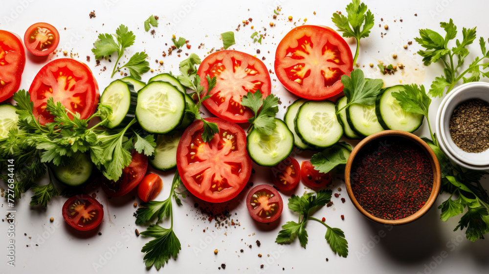 Freshly Sliced Ripe Tomatoes and Cucumbers with Assorted Herbs, Spices, and Seasonings Spread Over a Clean White Surface for Healthy Cooking Freshly Sliced Ripe Tomatoes and Cucumbers with Assorted Herbs, Spices, and Seasonings Spread Over a Clean White Surface for Healthy Cooking