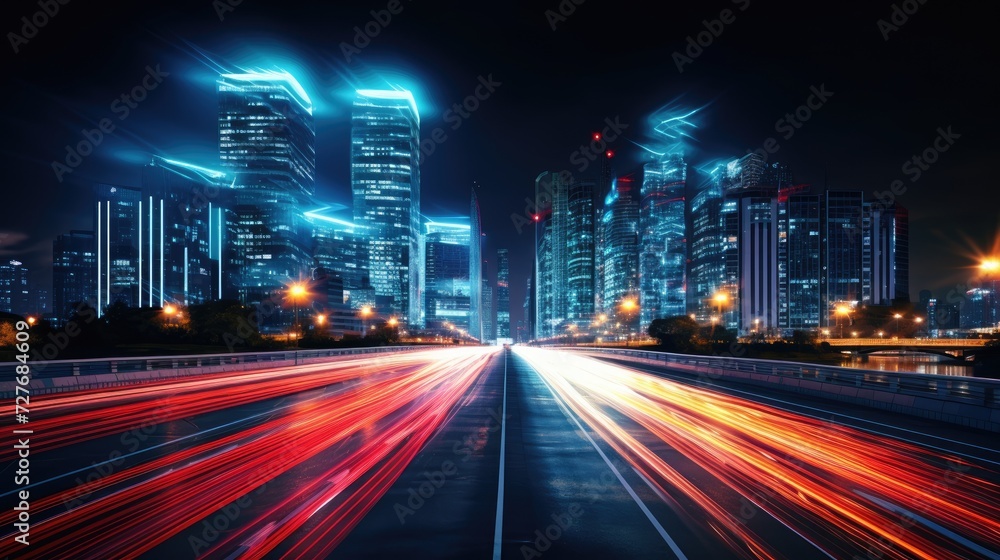 Light traces on the highway, winding road, twilight, motion effect. night road in the city with neon stripes Light traces on the highway, winding road, twilight, motion effect. night road in the city with neon stripes