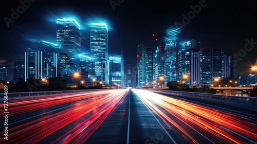 Light traces on the highway  winding road  twilight  motion effect. night road in the city with neon stripes