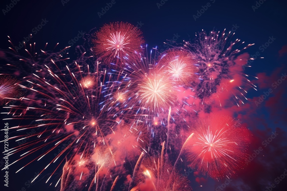 Holiday. A skyline with fireworks lights up the sky. Beautiful night view of the city landscape. Holidays, New Year celebration. Holiday. A skyline with fireworks lights up the sky. Beautiful night view of the city landscape. Holidays, New Year celebration.