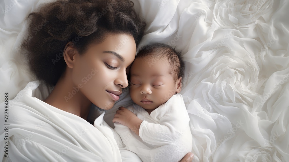 Side view of beautiful young mom and her cute little baby sleeping in bed at home Side view of beautiful young mom and her cute little baby sleeping in bed at home