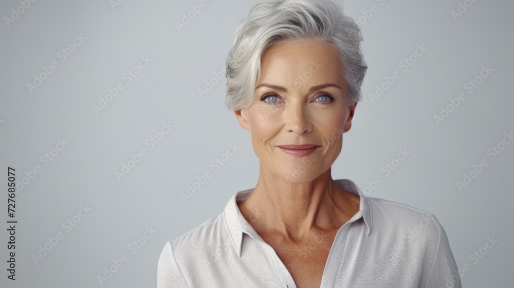Happy smiling stylish confident 50 year old woman looking at camera on gray background. Portrait of a gray-haired woman with earrings advertising products and services. Happy smiling stylish confident 50 year old woman looking at camera on gray background. Portrait of a gray-haired woman with earrings advertising products and services.