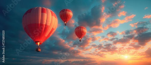 A cluster of hot air balloons against a sunset sky, whimsical and dreamy style, warm pinks and oranges