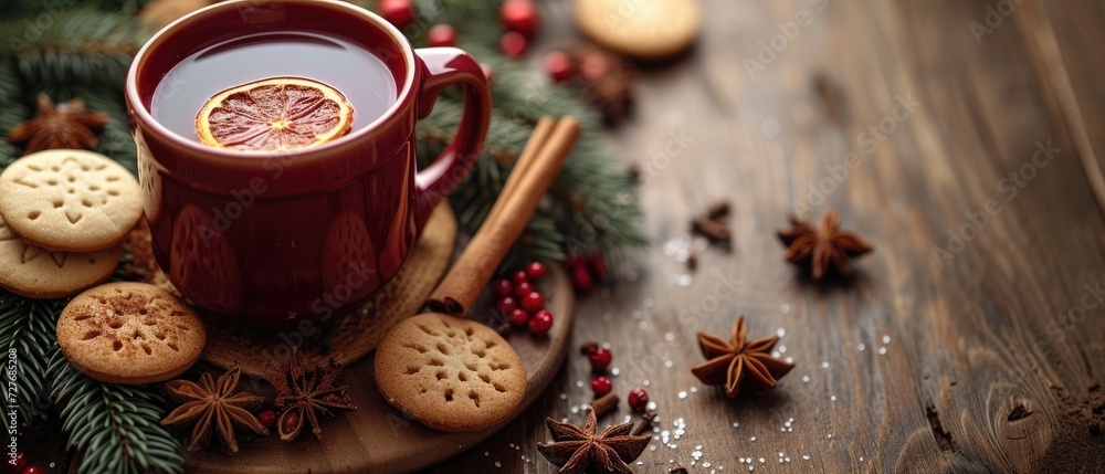 A cup of steaming mulled wine with spices, winter season theme, warm reds and browns A cup of steaming mulled wine with spices, winter season theme, warm reds and browns