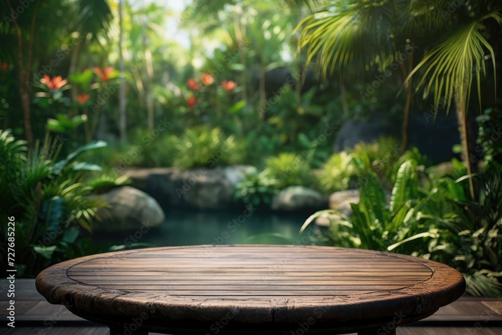 empty wooden tabletop podium in garden open forest, blurred green plants background with space. organic product presents natural placement pedestal display, spring and summer concept. empty wooden tabletop podium in garden open forest, blurred green plants background with space. organic product presents natural placement pedestal display, spring and summer concept.