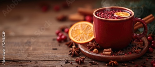 A cup of steaming mulled wine with spices, winter season theme, warm reds and browns