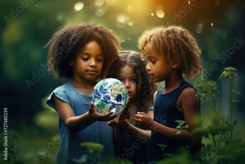 children of different nations hold a glass globe of the world. Healthy ecology of planet Earth. A healthy future for our generation. green glass background. Save the world.