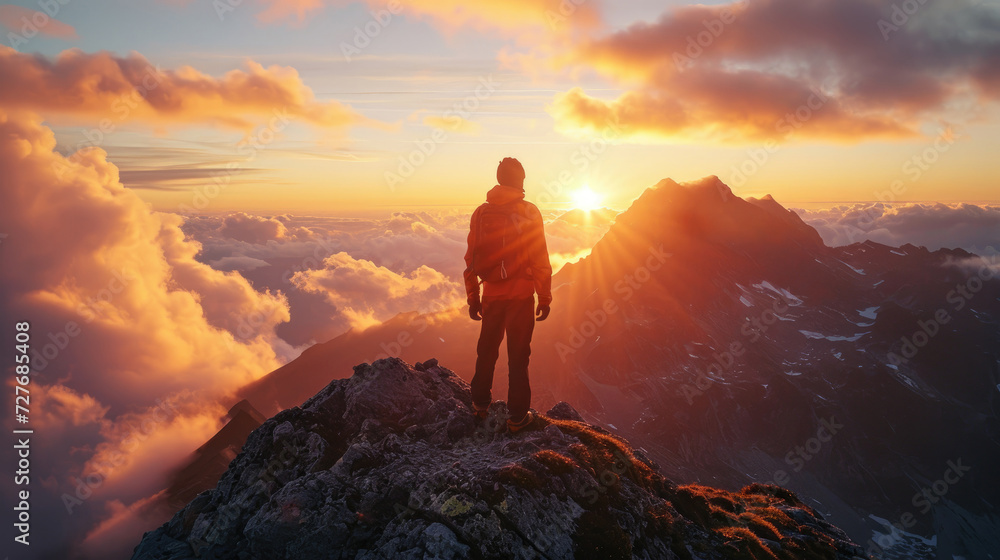 A climber stands at the top of a mountain enjoying the warm light of the rising sun