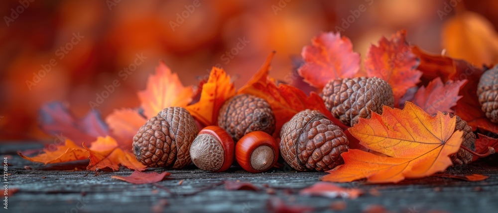 A still life arrangement of autumn leaves and acorns, fall season theme, warm oranges and browns A still life arrangement of autumn leaves and acorns, fall season theme, warm oranges and browns