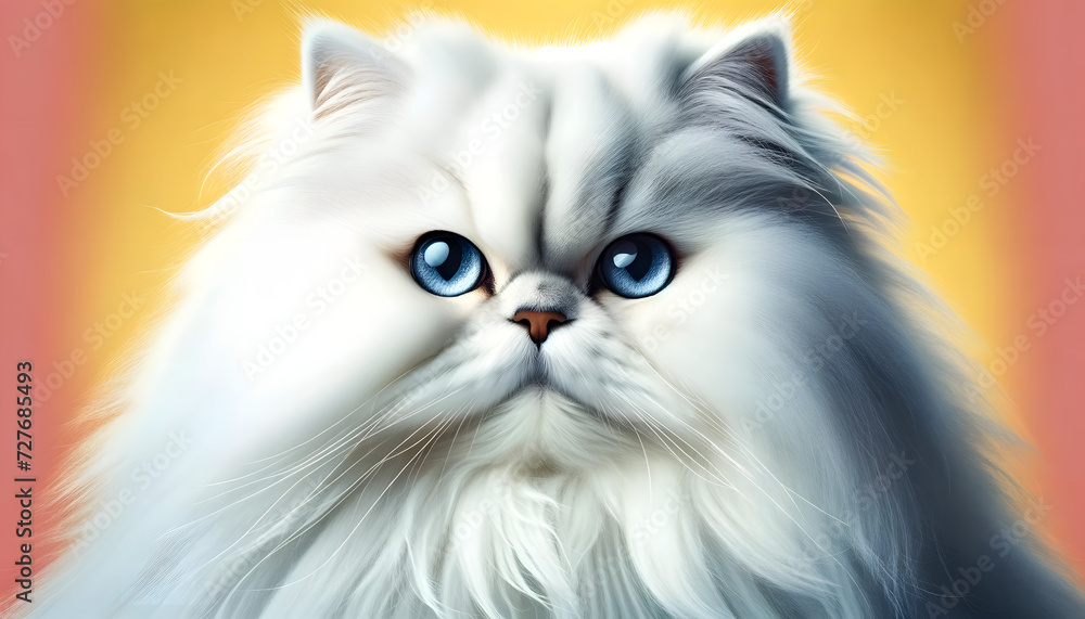 A close-up front view of a Persian cat on a yellow background