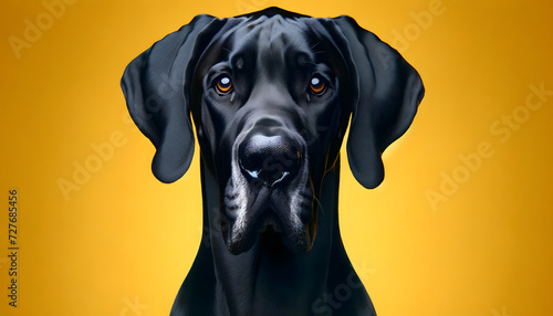 A close-up front view of a Great Dane on a yellow background
