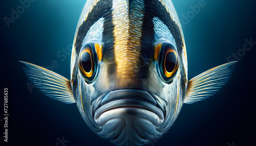 A close-up front view of a gilthead seabream (orata), on a marine background photo