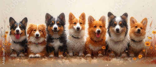 Sweet pet portrait featuring a group of dogs on different colored backgrounds photo