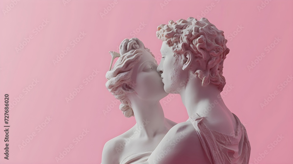 Male and female statues kissing, pink background