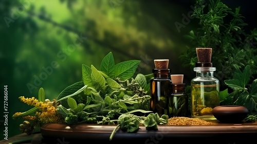 Organic essential oil In glass bottles   herbal extracts and medical flowers herbs . Alternative therapy  aromatherapy. Natural ingredients in cosmetic and medicine