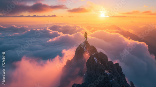 A male adventurer stands on a mountain peak towering above a sea of clouds as the sun rises in a stunning sky