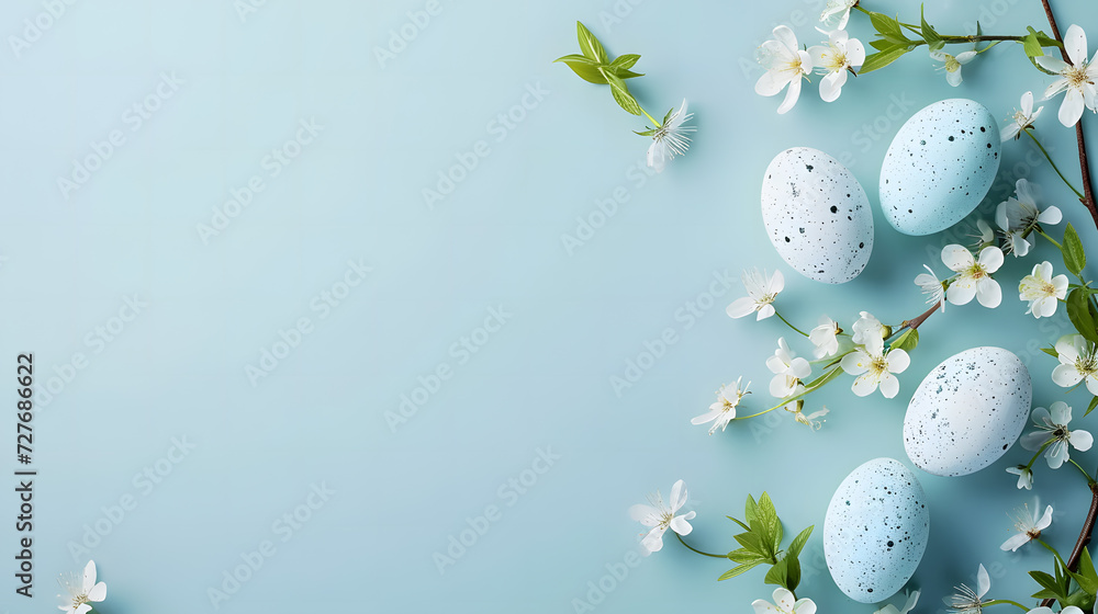 Happy Easter! Pastel blue Easter background with eggs and flowers. Stylish tender spring template with space for text. Greeting card or banner
