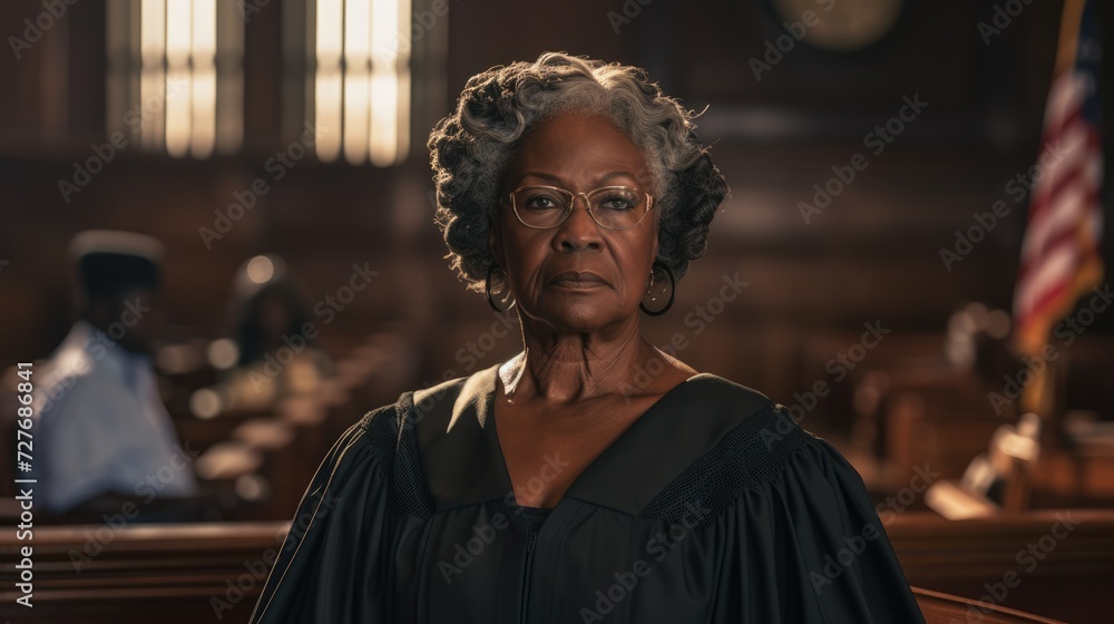 An aged black woman is a judge. Blurred background of court An aged black woman is a judge. Blurred background of court
