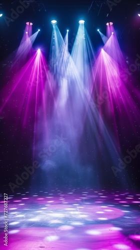 Stage Lights on Empty Stage illuminated by spotlights. An empty stage club with bright stage lights and lights beams through a smokey atmosphere background. Generative ai