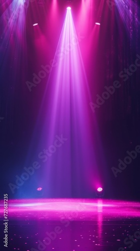 Stage Lights on Empty Stage illuminated by spotlights. An empty stage club with bright stage lights and lights beams through a smokey atmosphere background. Generative ai photo