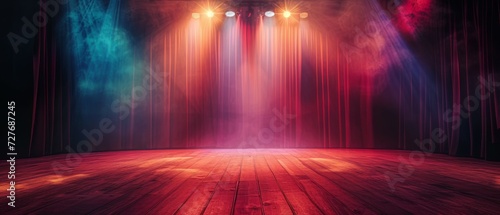 Stage Lights on Empty Stage illuminated by spotlights. An empty stage club with bright stage lights and lights beams through a smokey atmosphere background. Generative ai photo