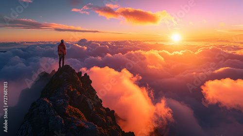 A male adventurer stands on a mountain peak towering above a sea of clouds as the sun rises in a stunning sky