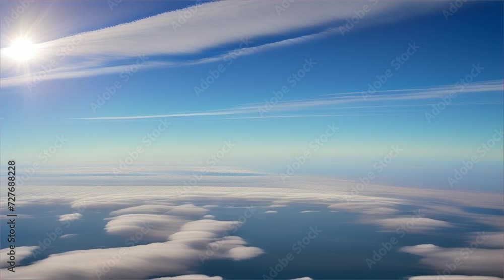 Blue sky adorned with fluffy white clouds, showcasing a serene and expansive aerial landscape Blue sky adorned with fluffy white clouds, showcasing a serene and expansive aerial landscape