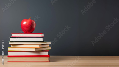 An apple on top of the stack of notebooks. Education, knowledge concept