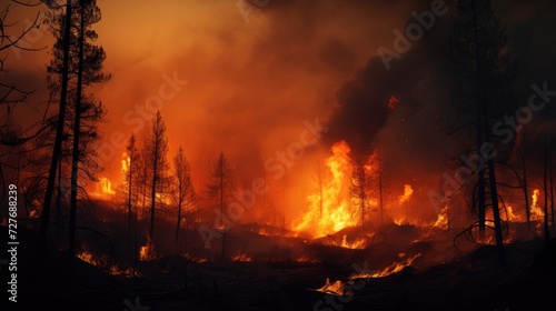 Natural disaster. Fire in the forest. Trees engulfed in flames