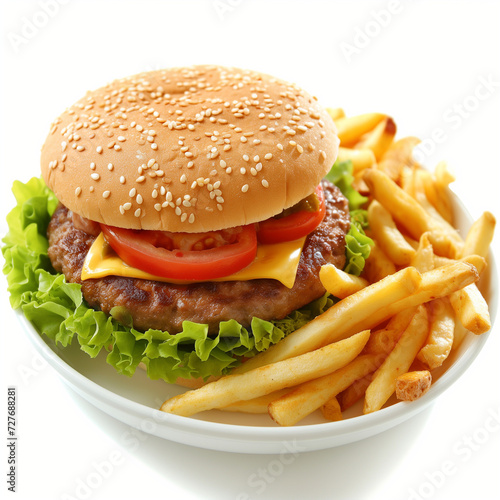 hamburger with french fries isolated on white