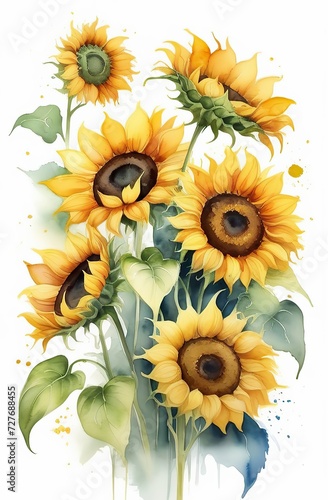 Bouquet of sunflowers on a white background. Beautiful watercolor.