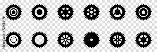 Collection of mechanical cogwheels. Gears icon set. Setting gears icon. Vector illustration with black silhouettes sprocket icons or signs design element. Transparent isolated background.