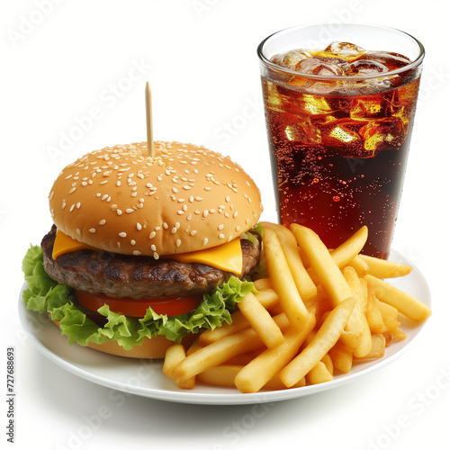 hamburger with french fries and cola isolated on white background