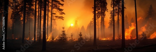 Natural disaster. Fire in the forest. Trees engulfed in flames