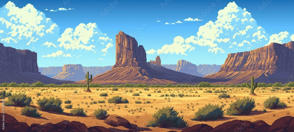 Pixel art rendition of a Texas desert landscape, featuring mesas ...