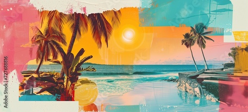 Artistic summer collage with palm trees and beach scenery in sunset hues, blending vintage charm with vibrant tropical colors and textures. photo