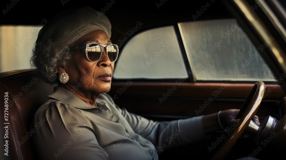 Senior woman in car. Old black elegant woman driving a car Senior woman in car. Old black elegant woman driving a car
