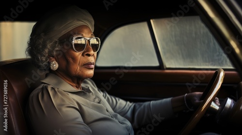 Senior woman in car. Old black elegant woman driving a car © brillianata