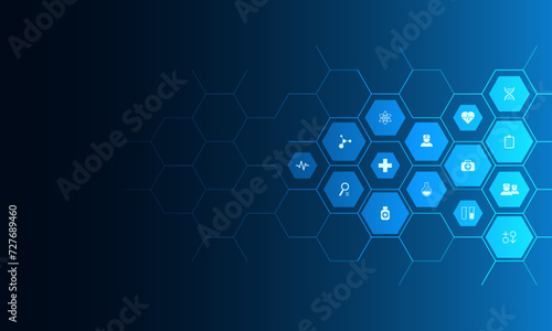 Healthcare and technology concept with flat icons and symbols. Template design for health care business, innovation medicine, pharmaceutical industry, science, medical research.