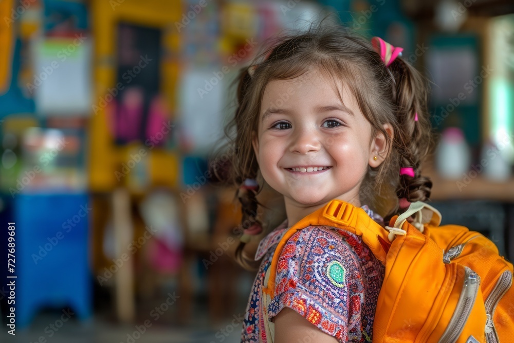 Happy young girl with backpack smiling in a colorful classroom setting. Happy young girl with backpack smiling in a colorful classroom setting.