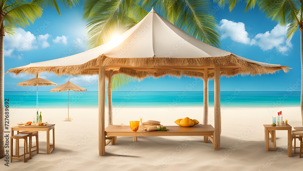 white sandy beach, azure waters, sun umbrellas, and pavilions. Relaxed and vacation-like atmosphere. Ideal for summer events, vacation-themed parties, or product promotions.