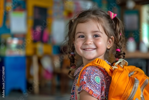 Happy young girl with backpack smiling in a colorful classroom setting.